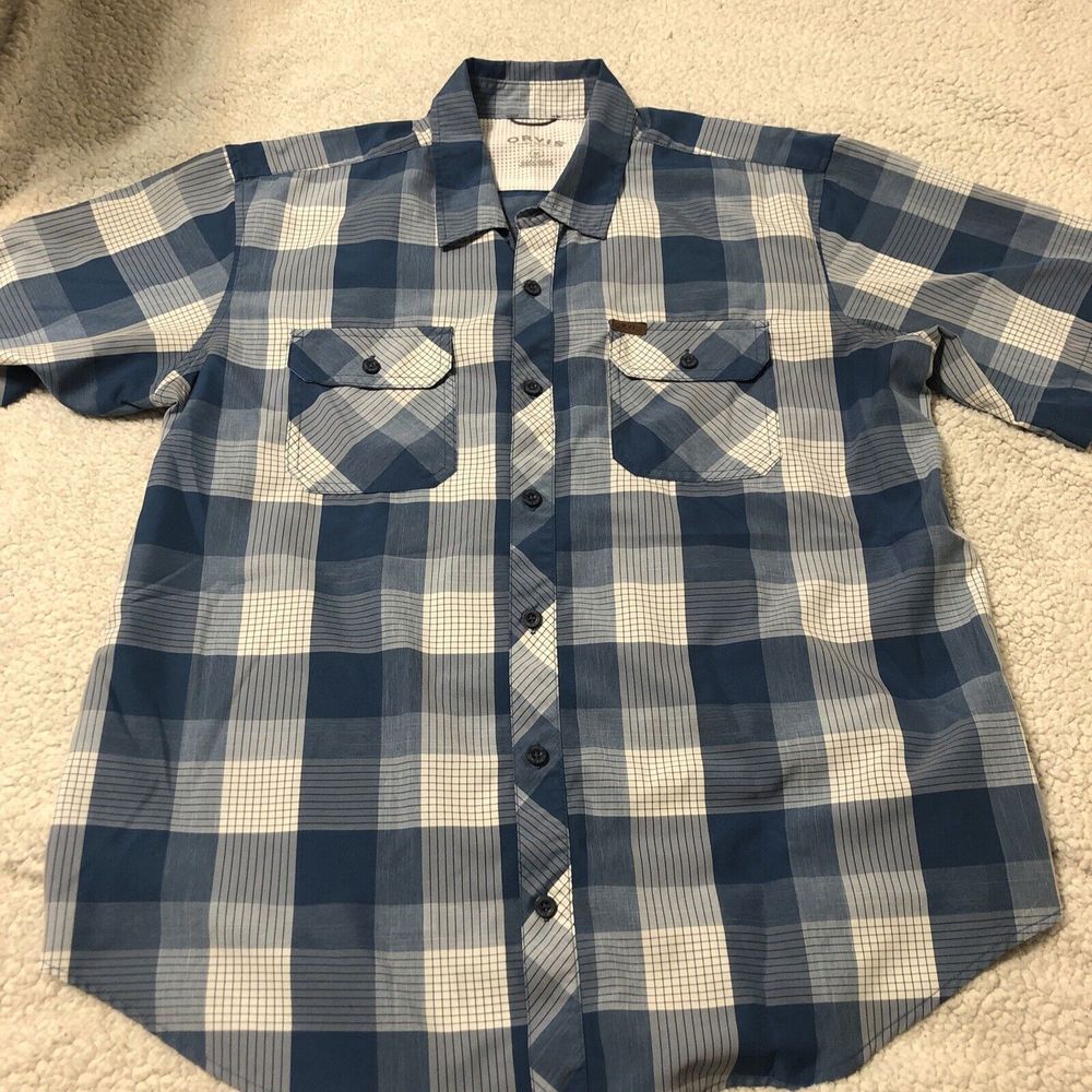 Men's Orvis Short Sleeve Button‎ Down Blue Plaid Shirt XL Pockets Polyester